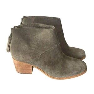TOMS Leila Suede Ankle Boots Women's 7.5 Green Block Heel Zip Tassel Western